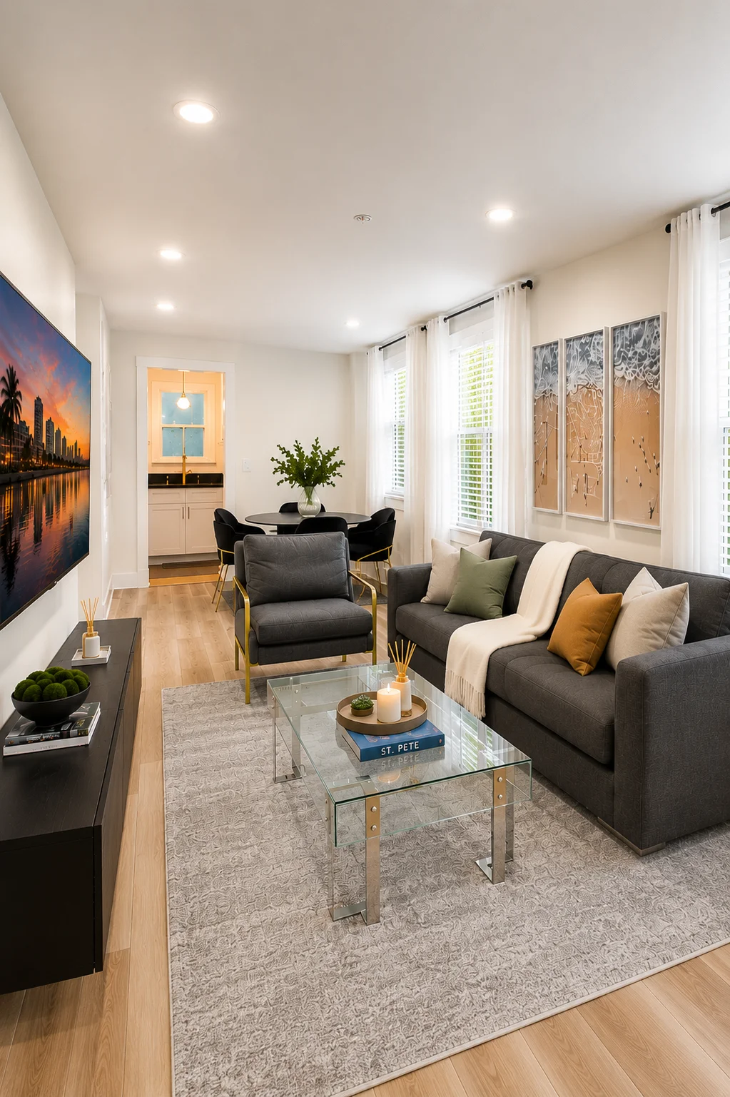 Open-plan living room with dark sectional, gold glass coffee table, accent chairs and St. Pete city art at downtown bungalow