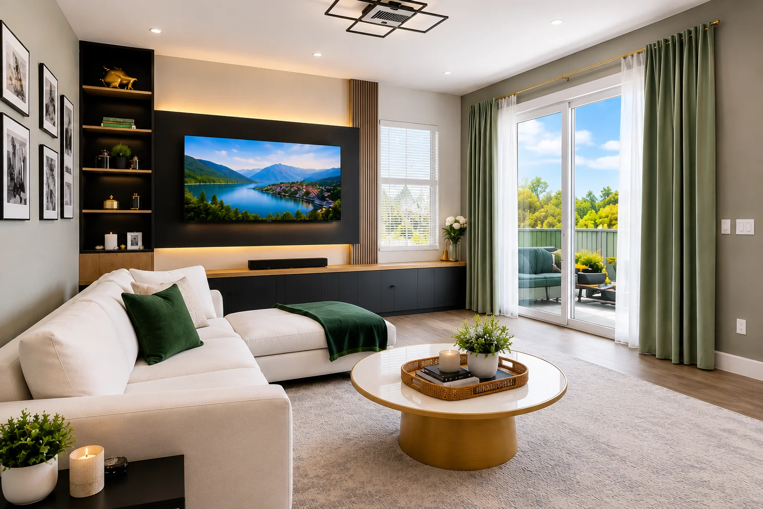 Luxury living room with white cloud sectional, built-in wood TV wall, candles and balcony door open to tree views at St. Pete retreat