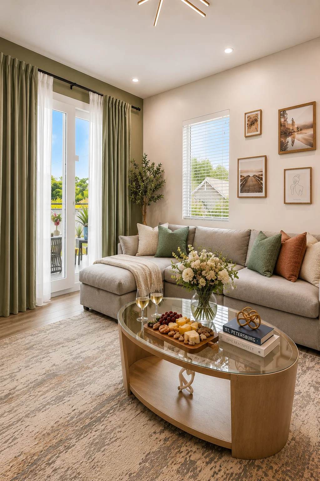 Luxury living room with large sectional, sage green drapes, balcony door, floral arrangement and charcuterie at downtown St. Pete condo
