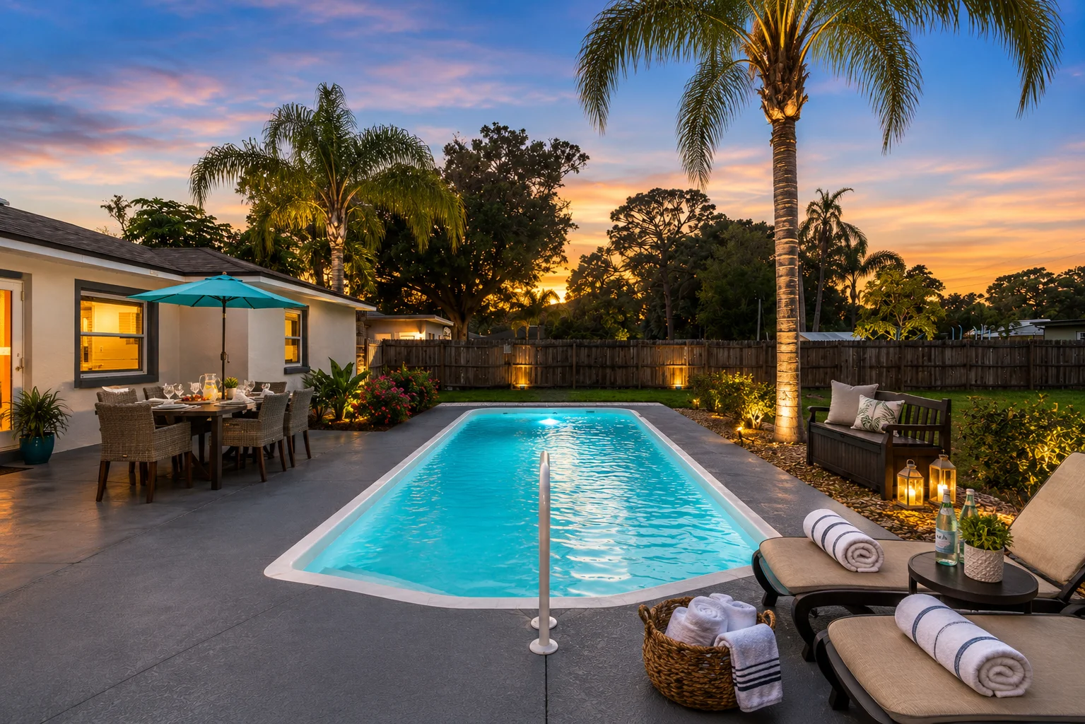 Clearwater pool home backyard at dramatic sunset with palm trees, lounge chairs, outdoor dining and lanterns