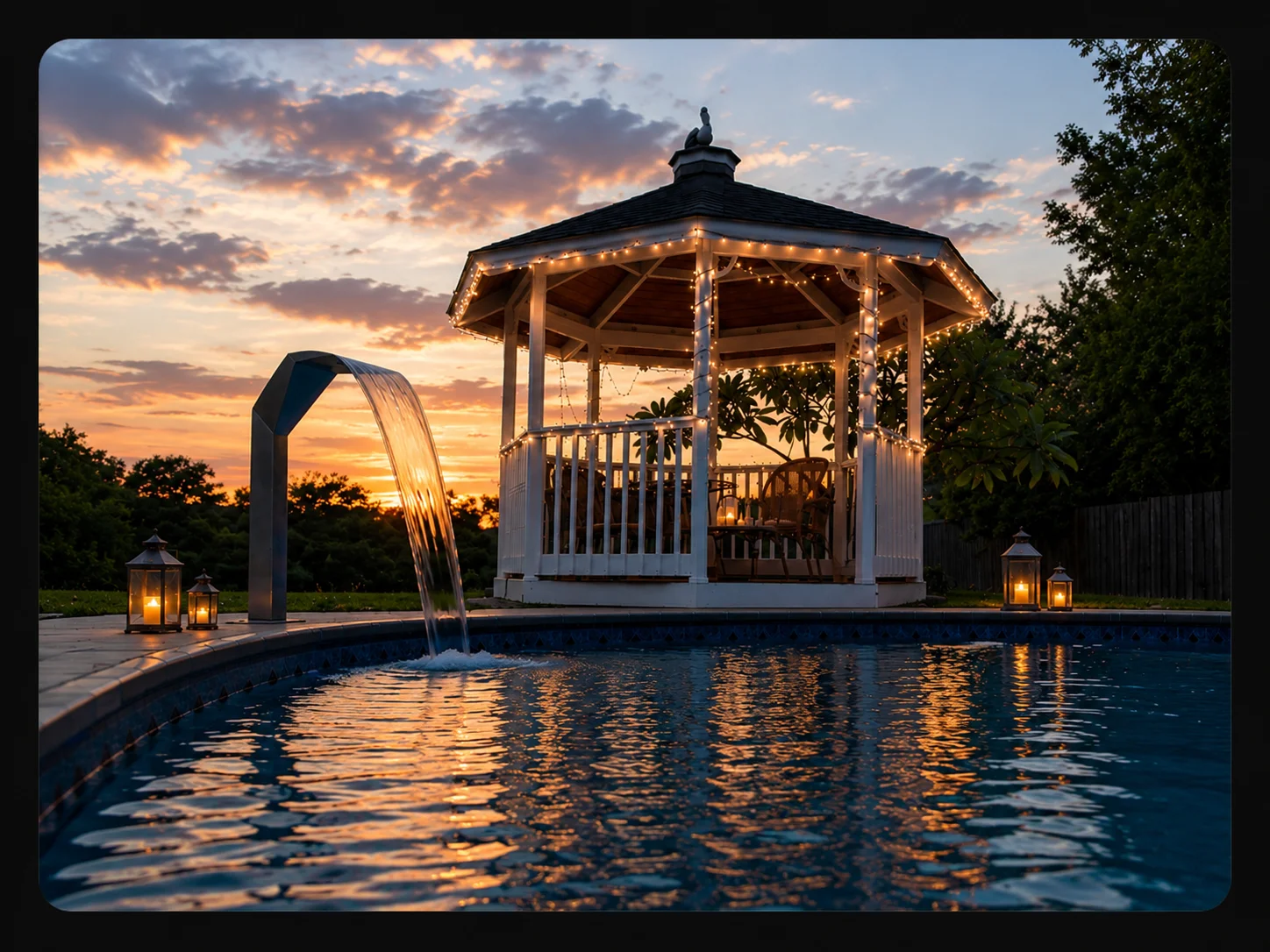 Heated pool with cascading waterfall feature and lit gazebo at sunset at Largo vacation home